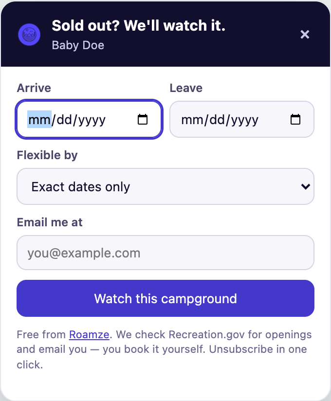 The Roamze alert card on a Recreation.gov campground page, with arrive and leave dates and an email field