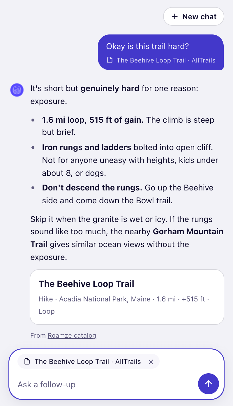Asking Roamze whether a trail is hard, with the trail page attached and an answer listing distance, gain and exposure