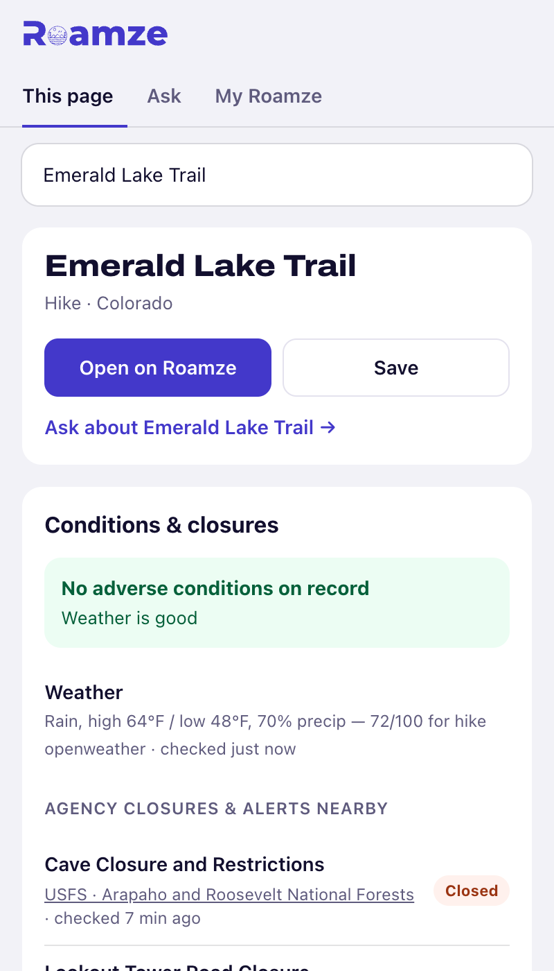 The Roamze side panel showing agency closures near Emerald Lake Trail, each with its source